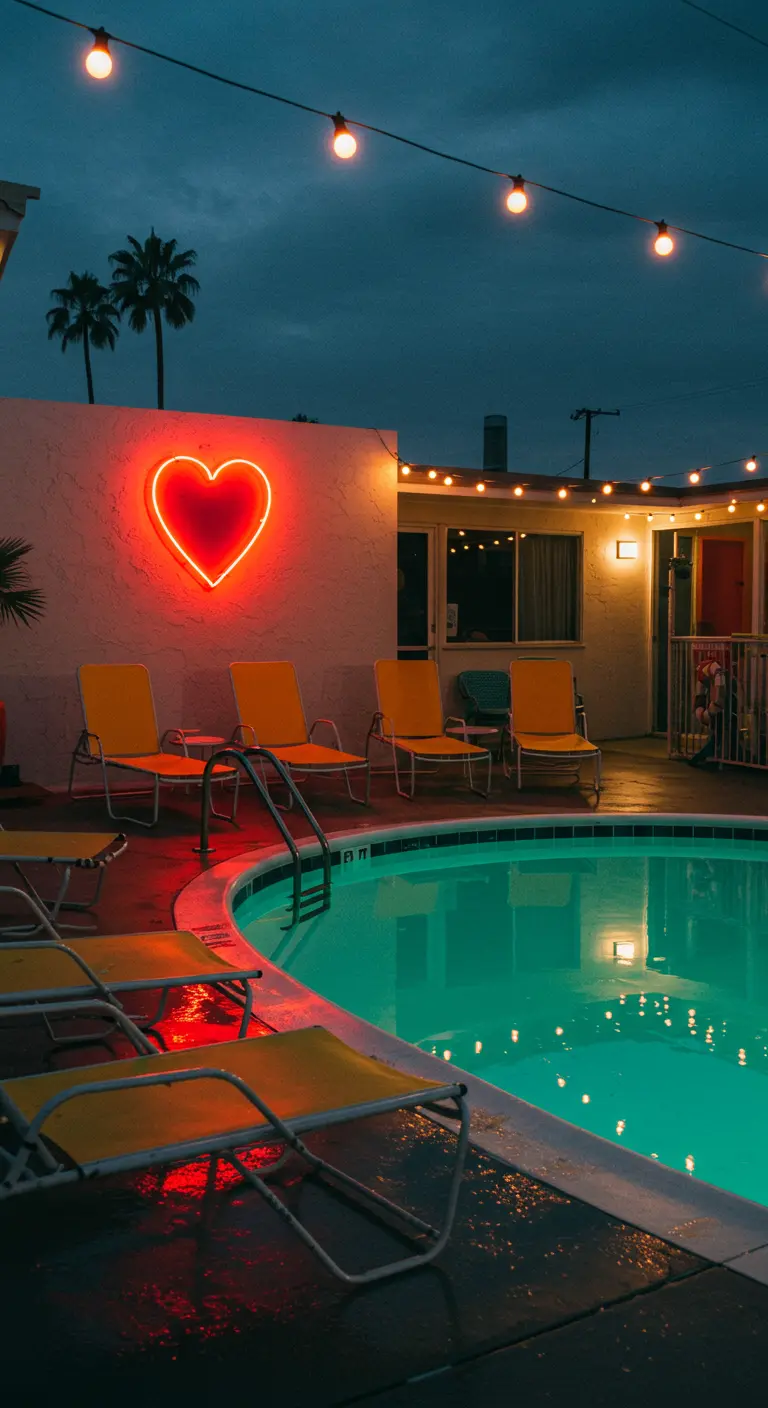 A red neon heart sign above yellow vinyl loungers by a motel pool at night.