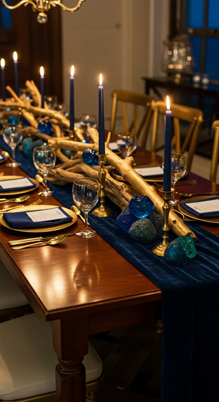 Elegant table with a navy velvet runner, gold candlesticks, and driftwood.
