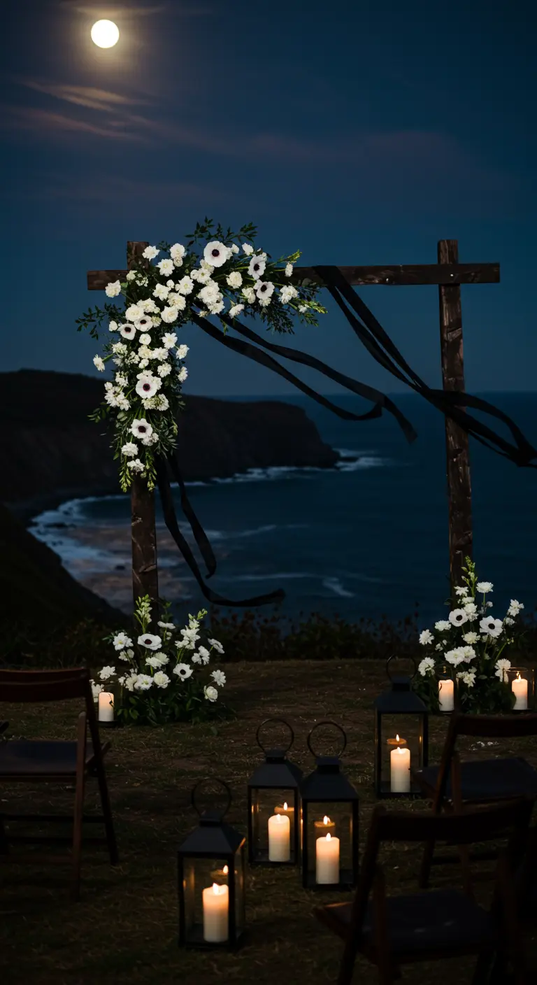 A dark wood wedding arch on a cliff at night with white flowers and black ribbons.