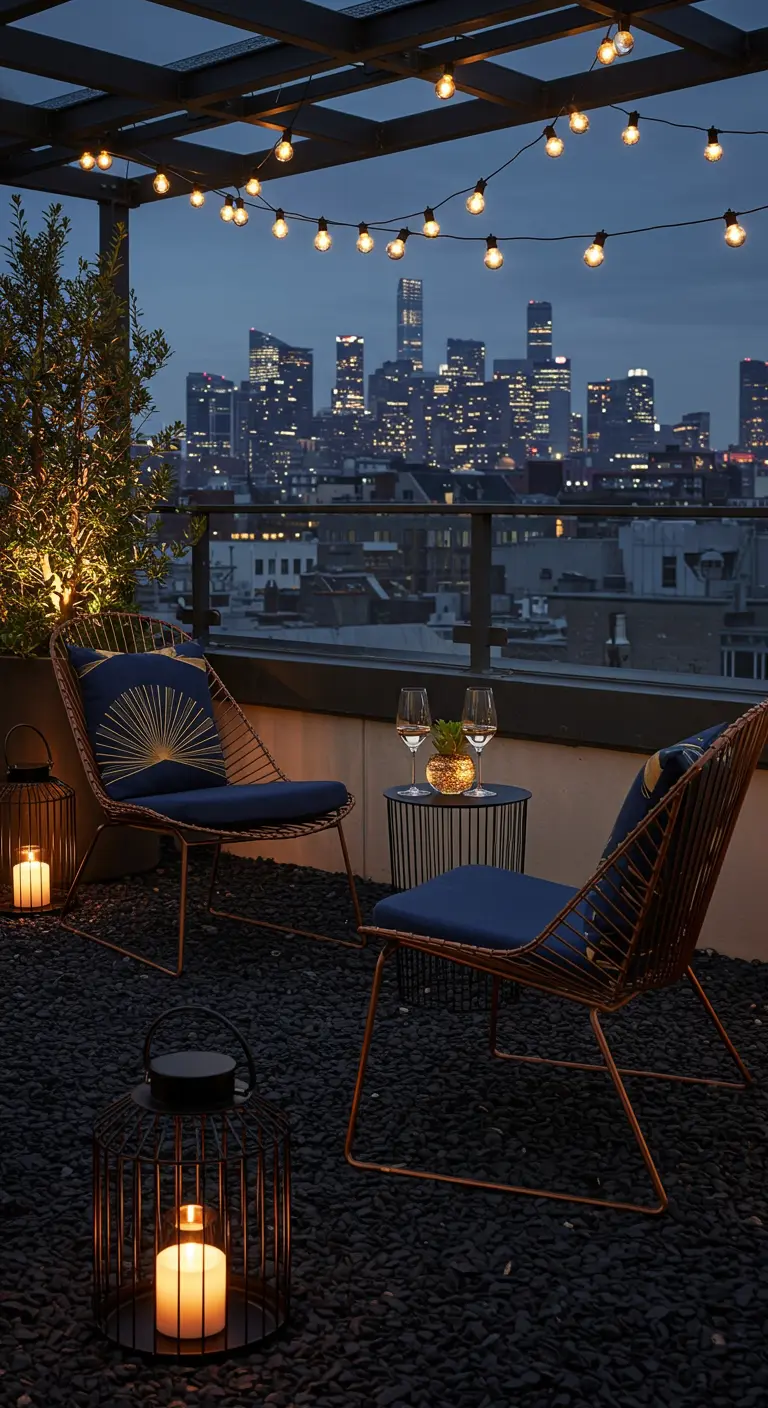 Two copper-toned wireframe chairs with navy cushions on a dark gravel rooftop patio overlooking a city skyline.