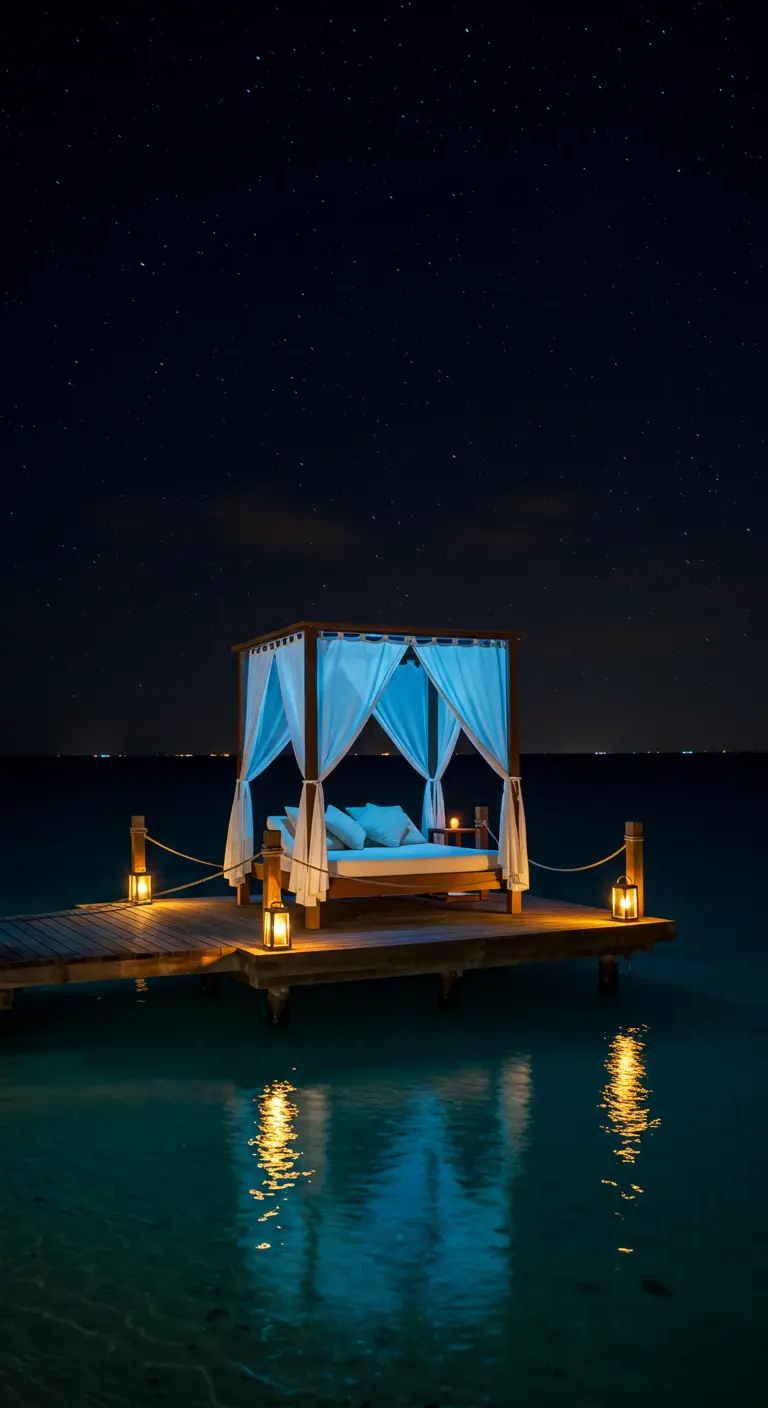 Teak daybed with blue drapes on a pier at night, lit by lanterns.