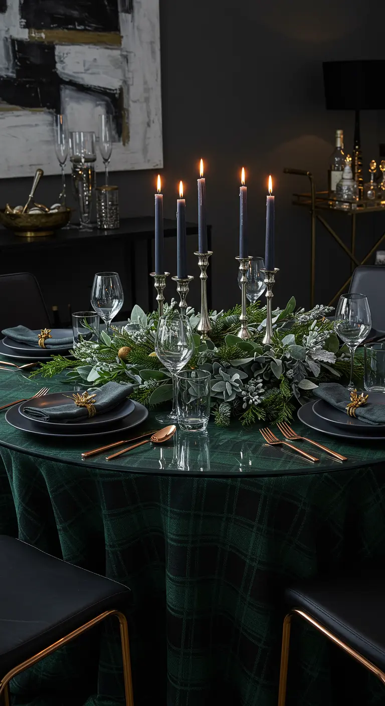 Moody Christmas tablescape with dark green plaid tablecloth, grey candles, and copper cutlery.