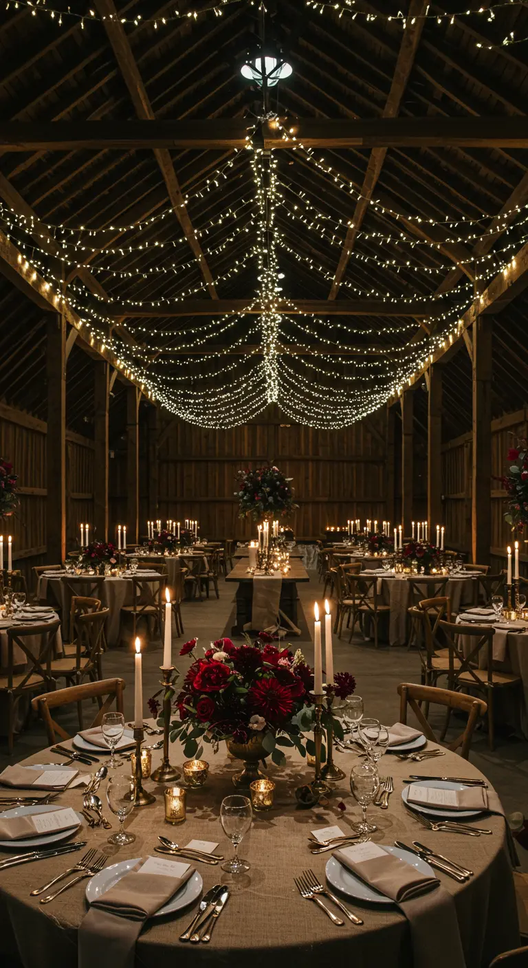 Barn wedding with round tables, red floral centerpieces, and candlelit ambiance.