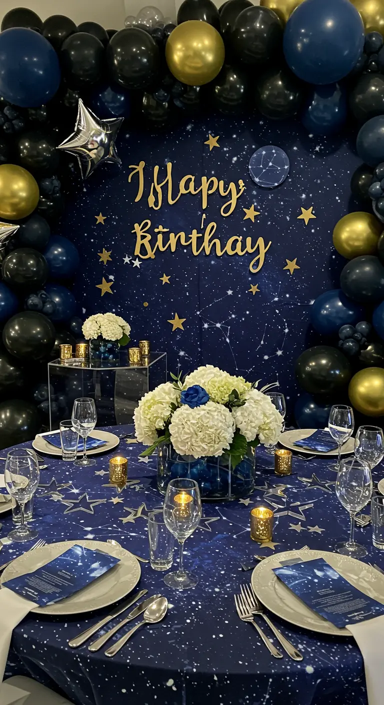 Celestial-themed party table with navy and gold balloons and a starry backdrop.