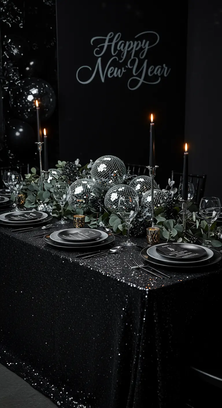A New Year's Eve table with a black sequin cloth and a disco ball centerpiece.