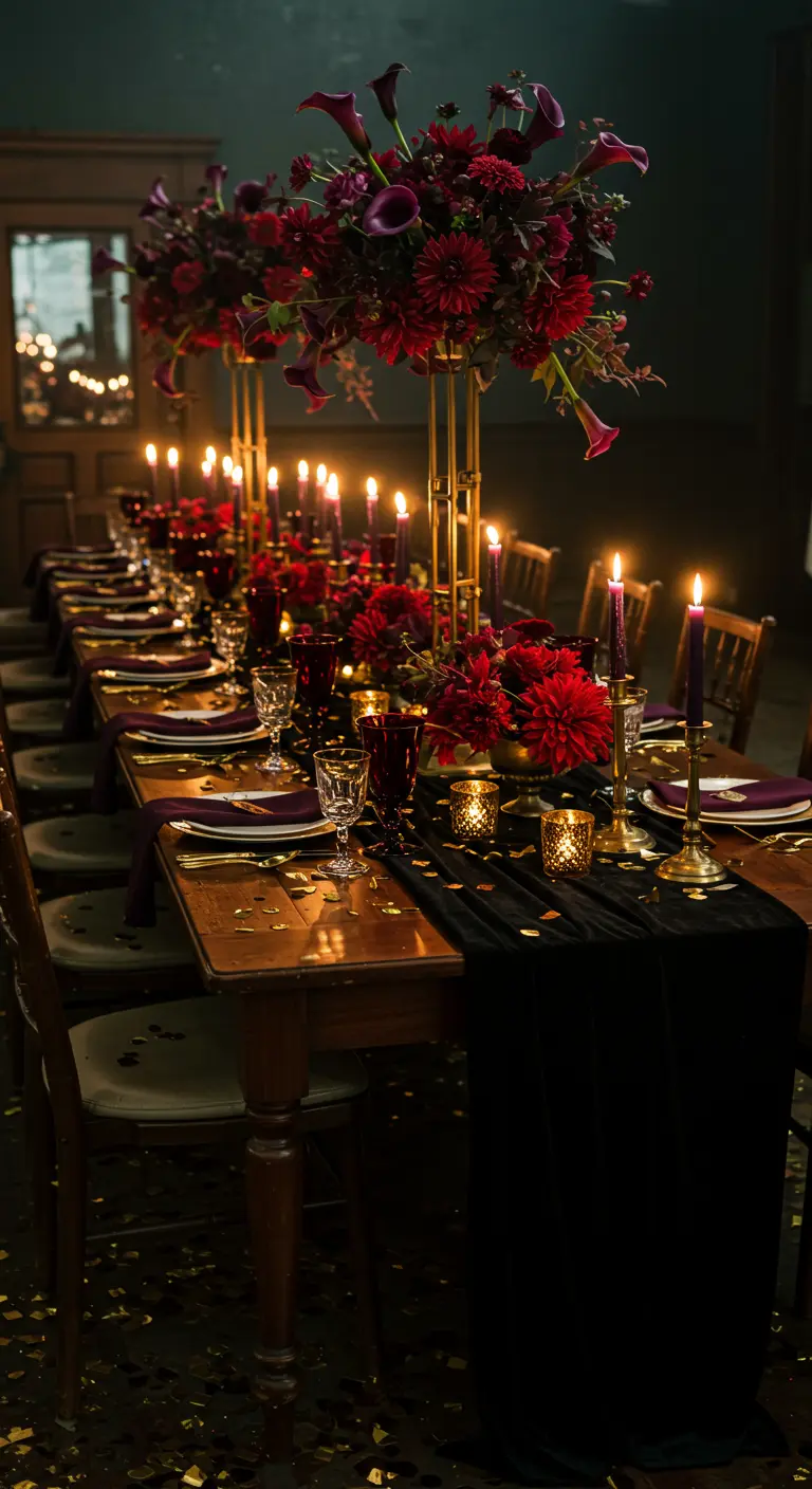 Moody tablescape with dark red flowers, black velvet runner, and candlelight.
