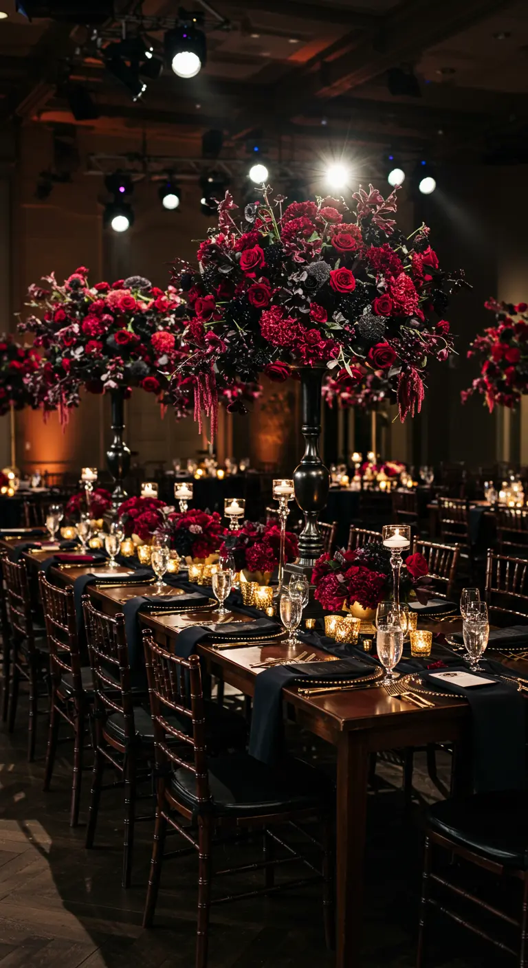 Dark ballroom with long tables, black velvet runners, and dramatic deep red and black floral centerpieces.