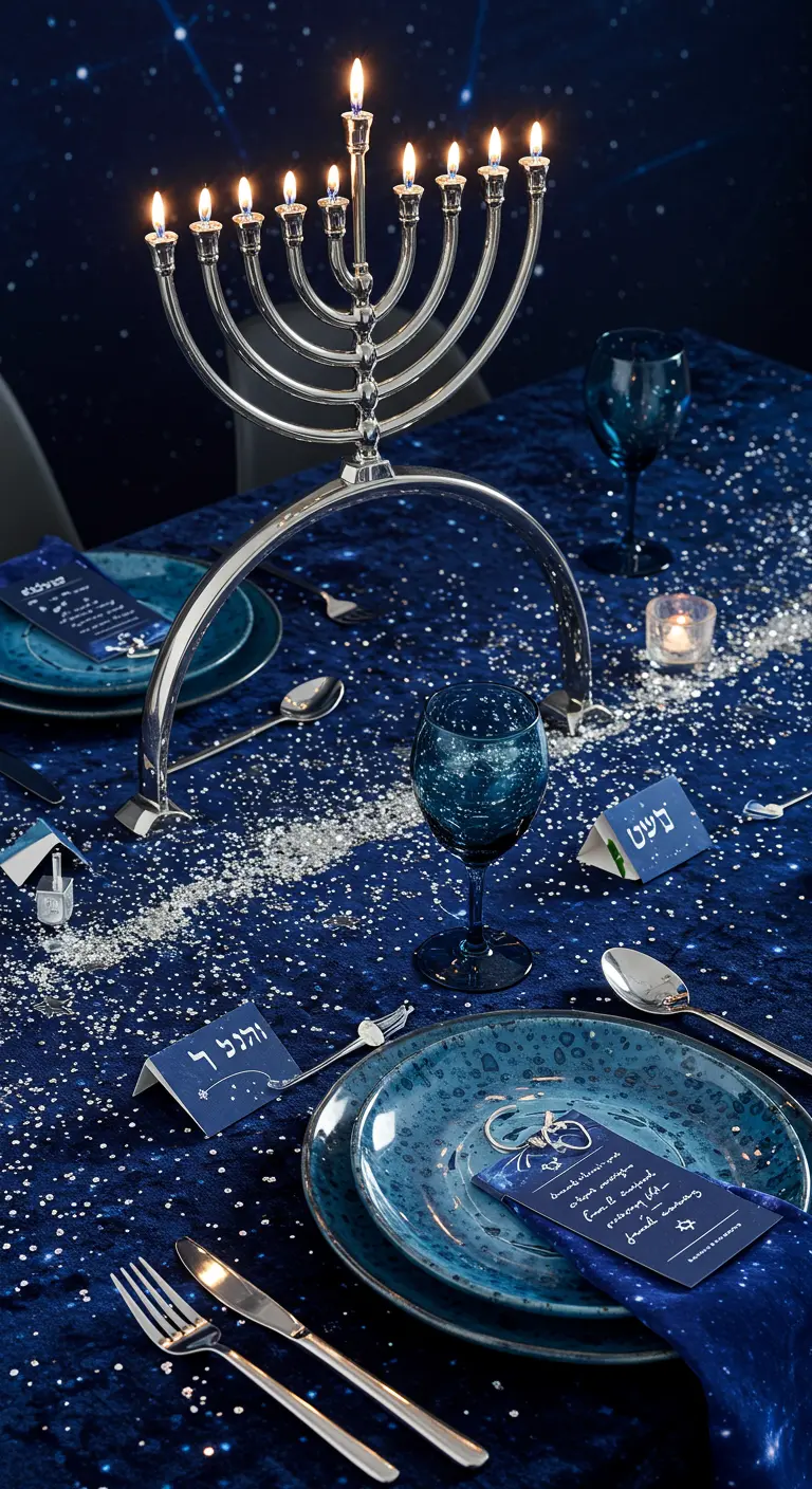 A dramatic Hanukkah table with a navy velvet tablecloth sprinkled with silver glitter like a galaxy.