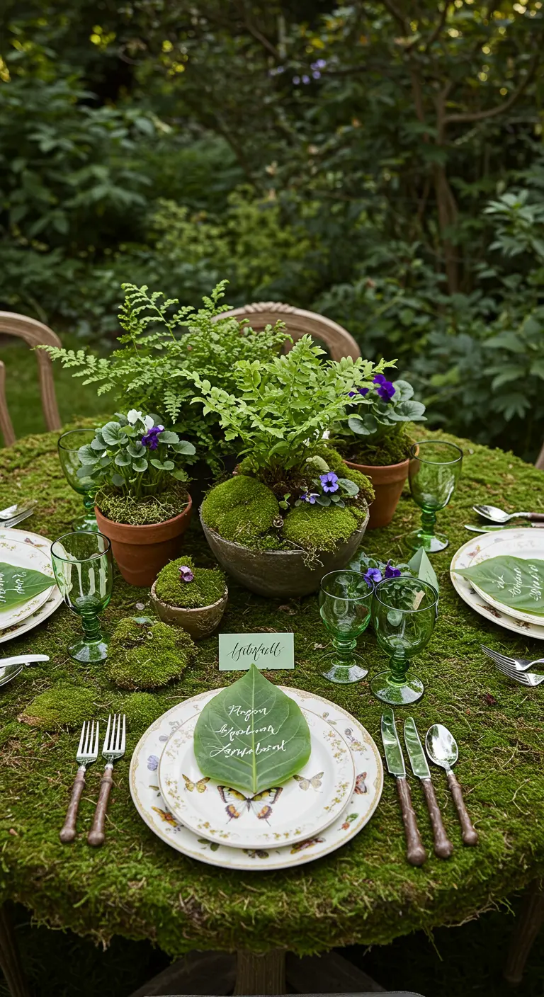 A tablescape covered in moss, with potted ferns and leaf place cards.