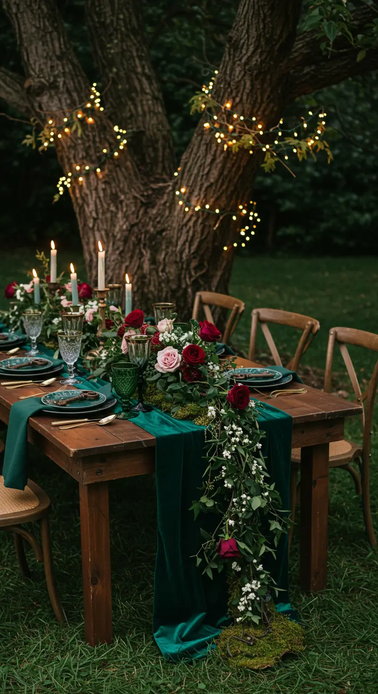 Outdoor table under a tree wrapped in fairy lights, with a red and pink rose garland.