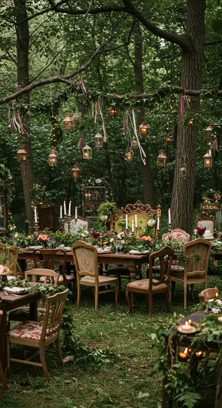 Eclectic woodland wedding table with mismatched vintage chairs and hanging lanterns.