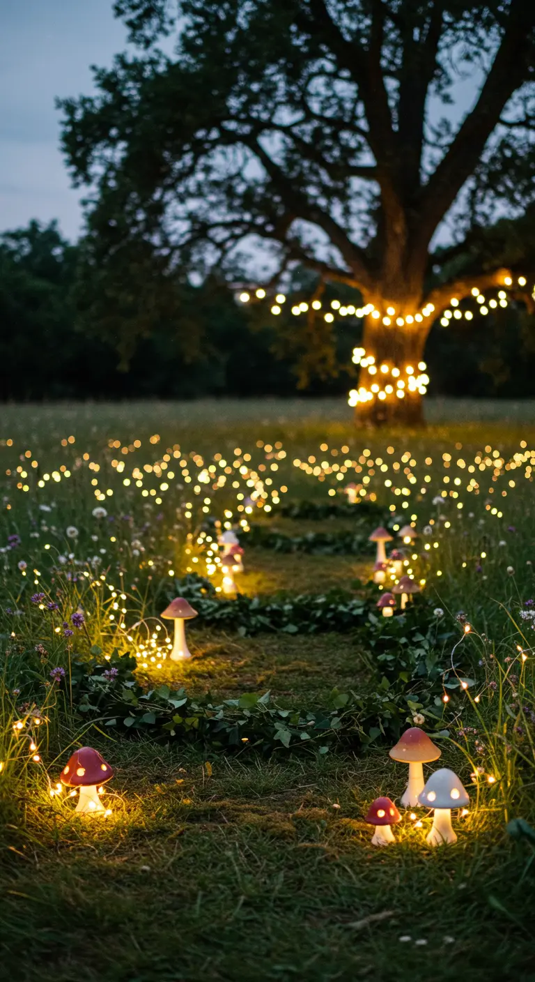 A meadow path at dusk lined with ivy and glowing mushroom lights.