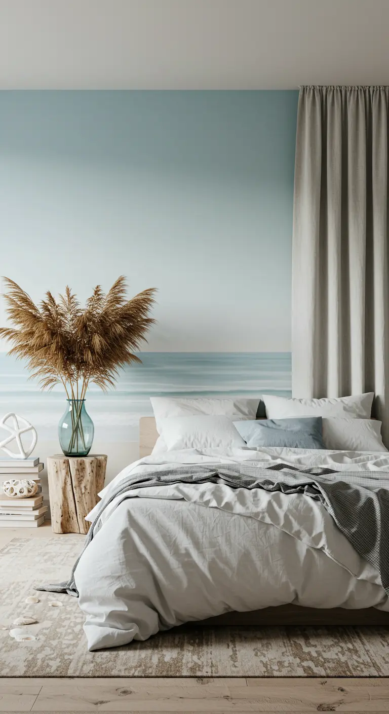 Bedroom with a blue-to-white ombré wall, reminiscent of a misty seascape.