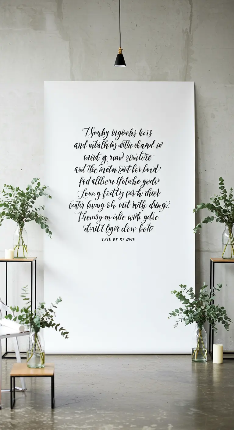 A large white canvas with elegant black calligraphy, flanked by simple greenery in vases.