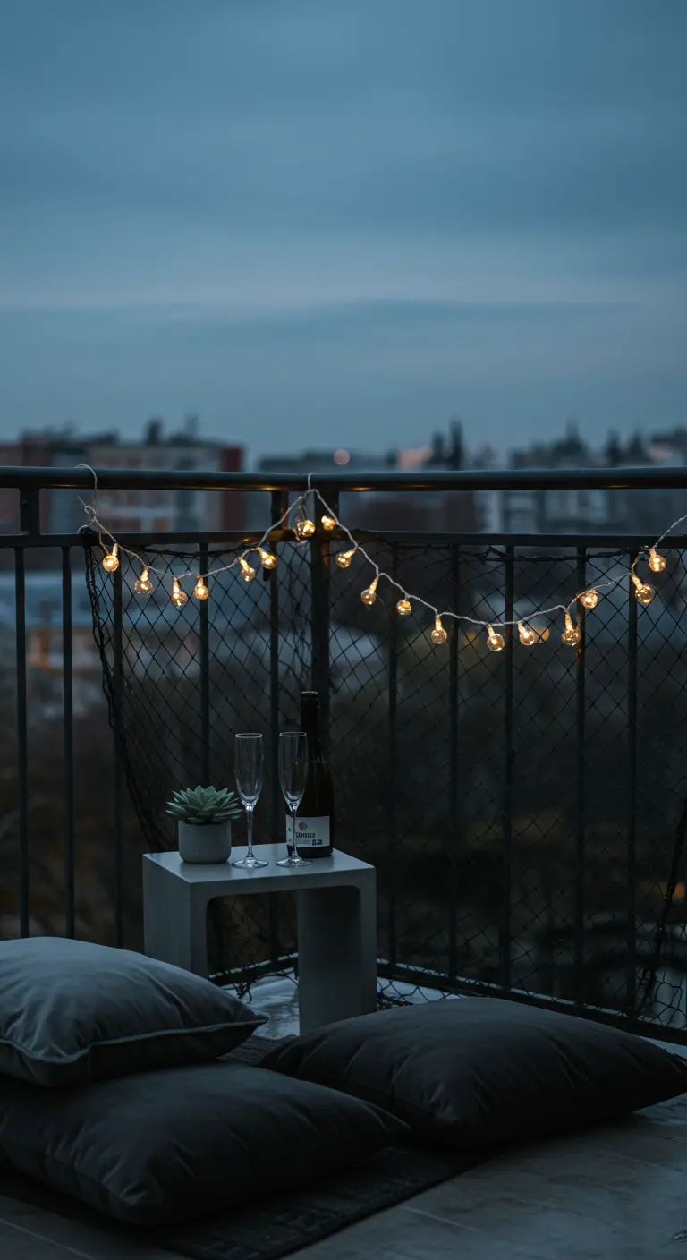 Minimalist balcony with string lights on railing, grey floor cushions, and a concrete side table.