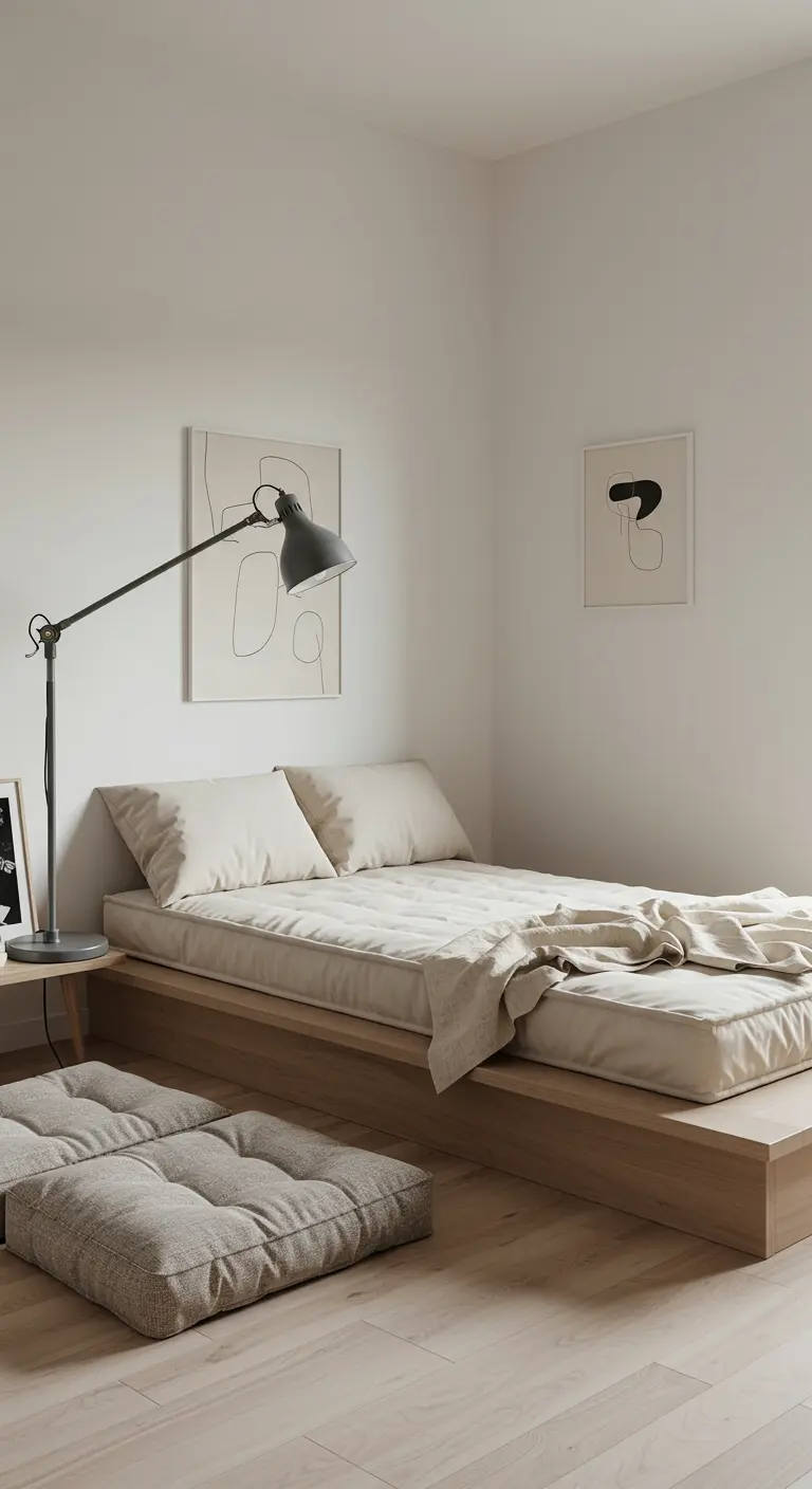 Minimalist bedroom with a low wooden platform bed, a simple floor lamp, and a square floor cushion.