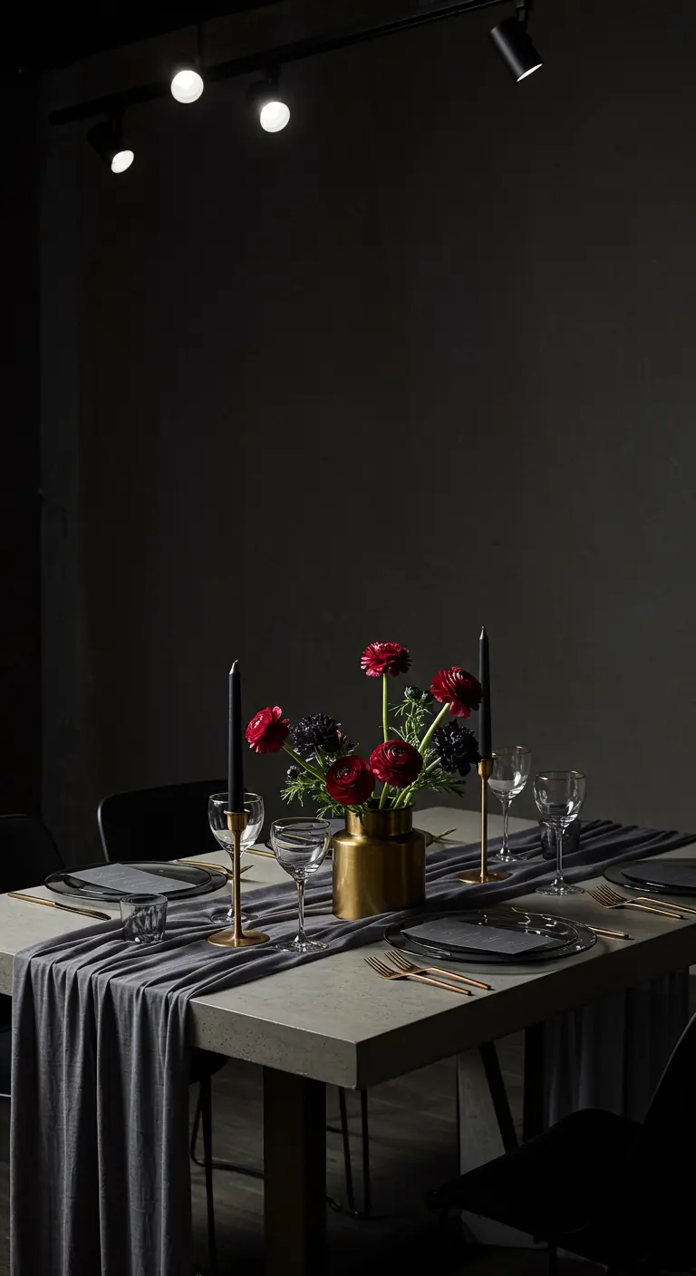 Minimalist table setting with a concrete top, grey runner, and a brass vase with red flowers.