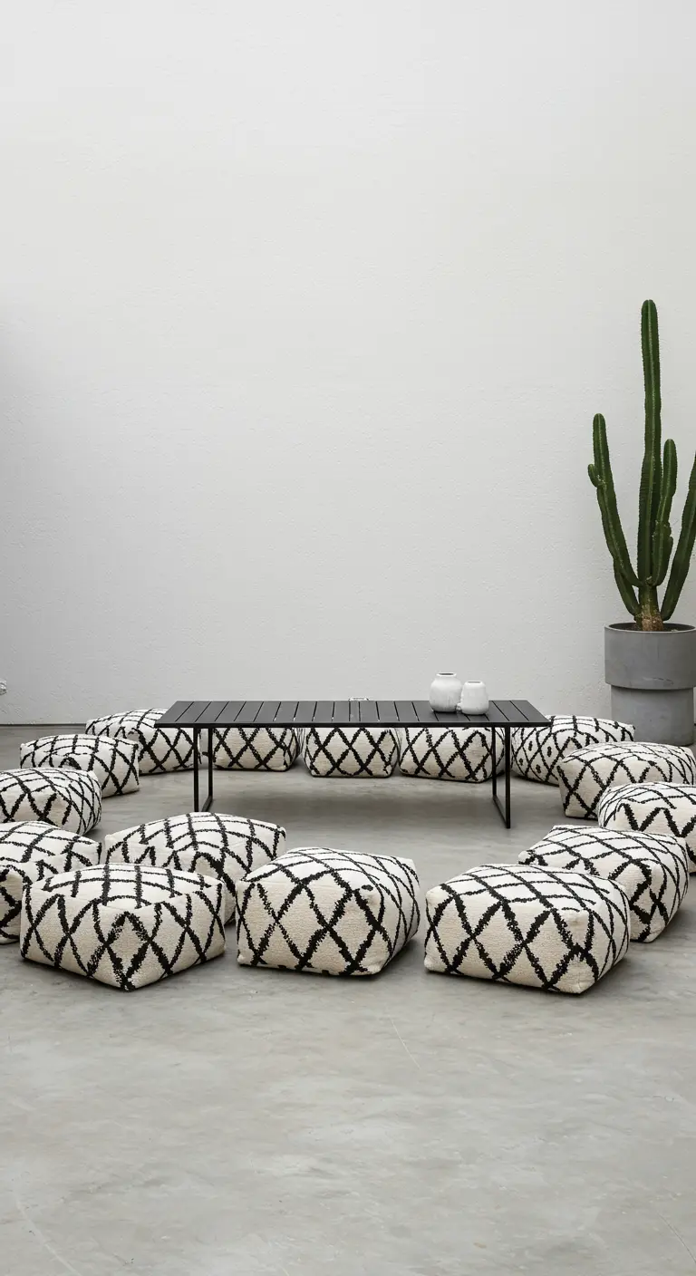 Black and white diamond-patterned poufs circle a low black table on a concrete floor.