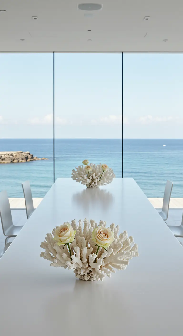Minimalist centerpiece of white coral with two yellow roses on a white table.