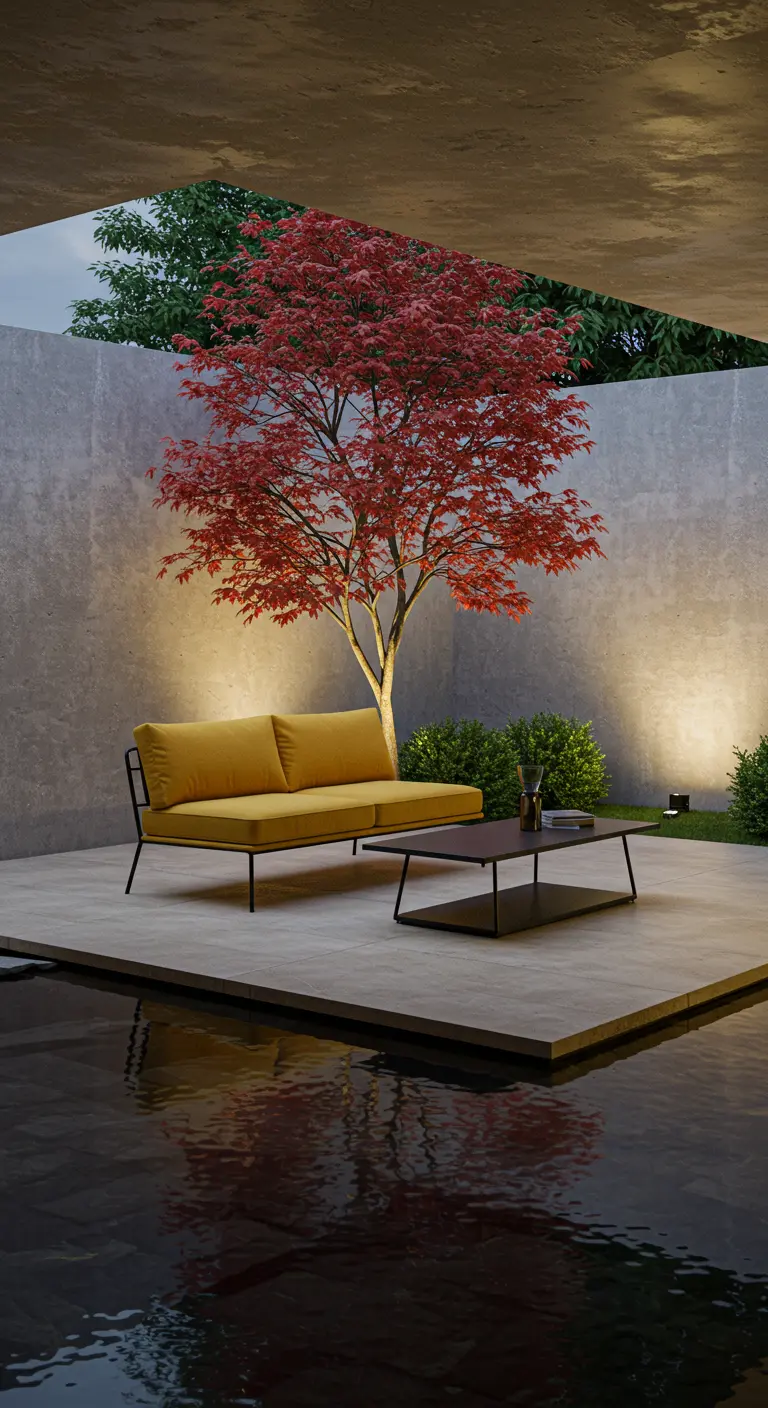 A mustard sofa and black table on a concrete platform next to a Japanese maple and a water feature.
