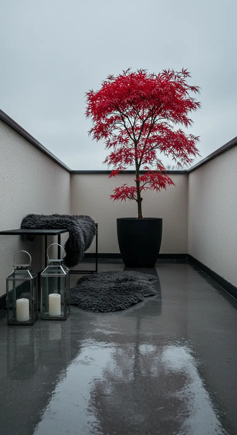 A minimalist grey balcony featuring a striking red Japanese Maple in a black pot.