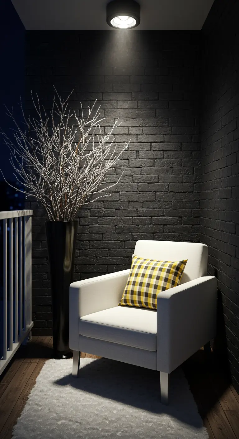A minimalist balcony with a white chair, yellow plaid pillow, and frosted branches against a black wall.