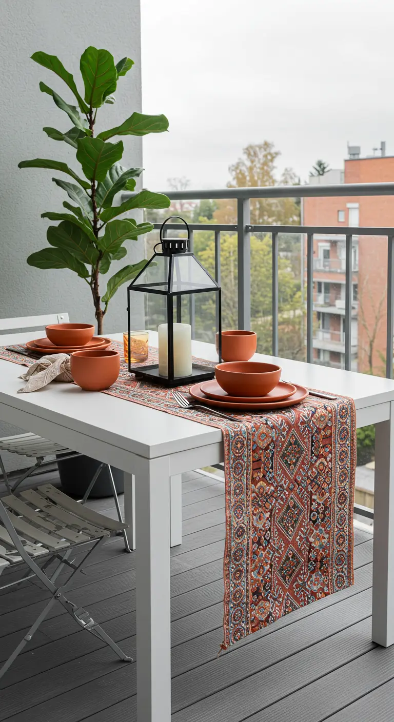 White table with a colorful kilim runner and a fiddle leaf fig plant.