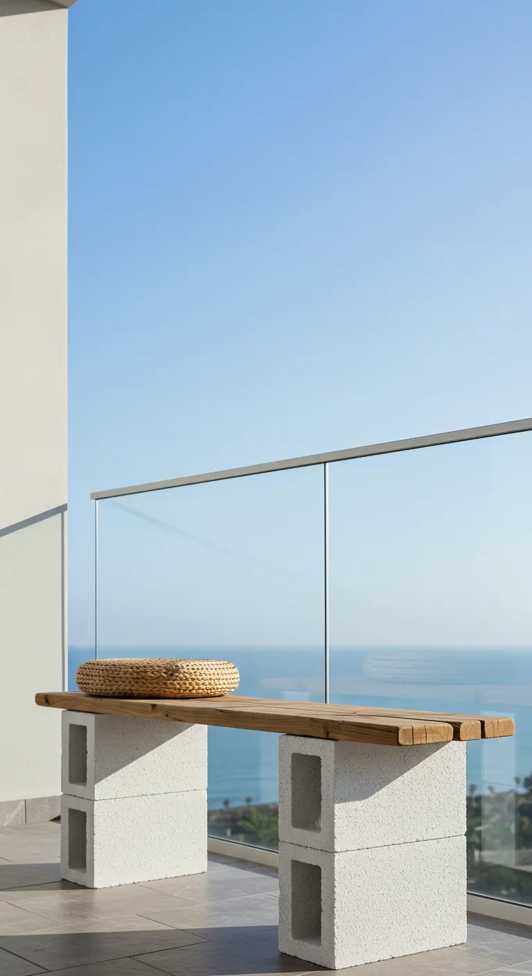 A minimalist cinder block and wood plank bench on a balcony with a clear sea view.