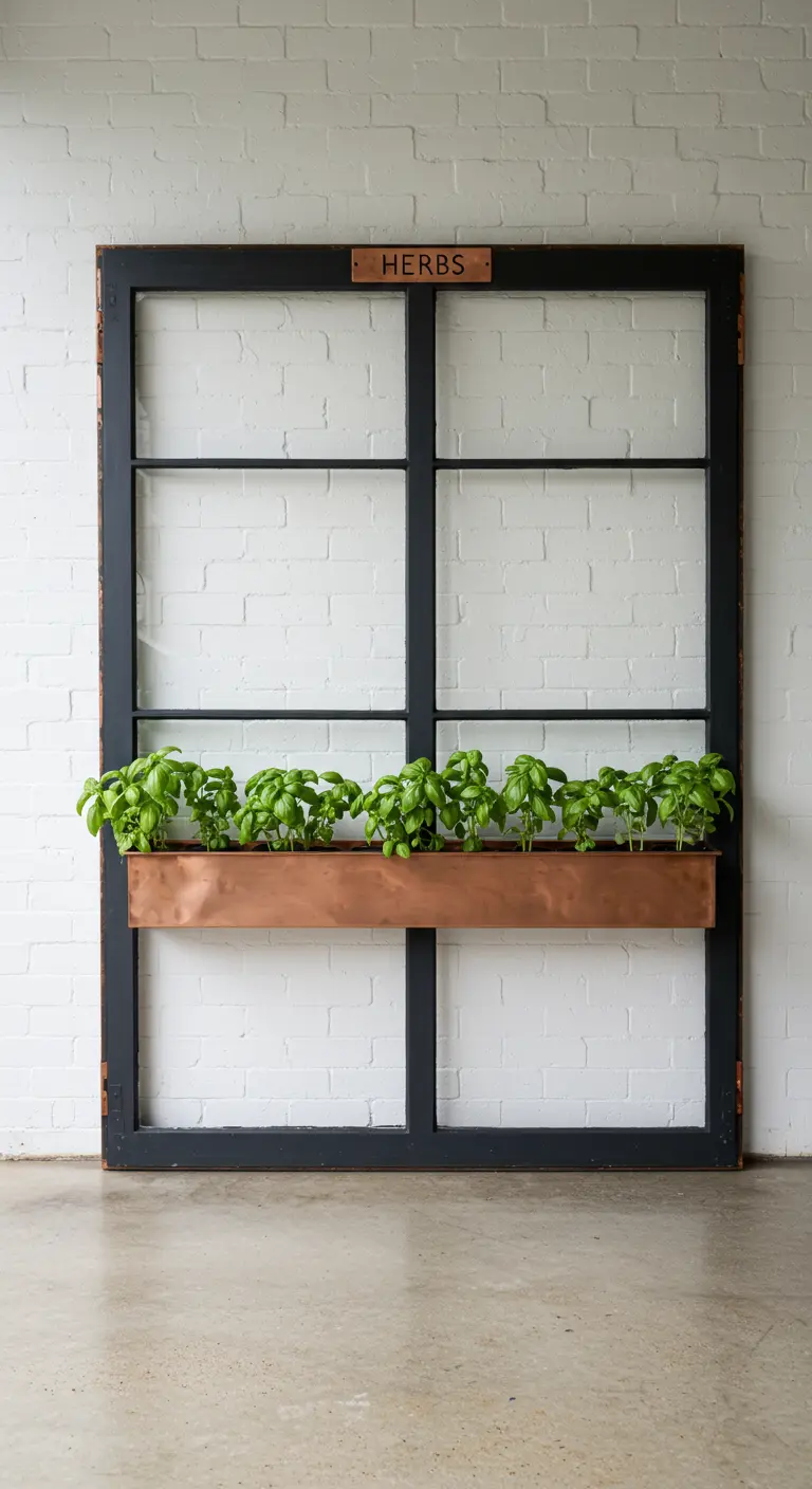 A black-painted window frame against a white wall with a single, elegant copper planter holding basil.