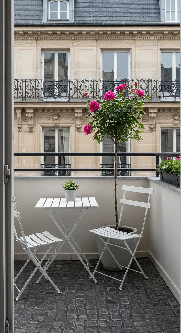 White bistro set on a cobblestone balcony with a single pink standard rose tree.