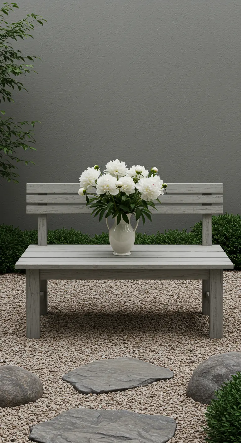 A minimalist grey bench on a gravel yard with a white vase of white peonies.
