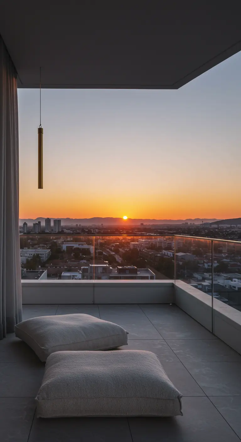 Modern balcony with a glass railing, two neutral cushions, and a single brass chime.