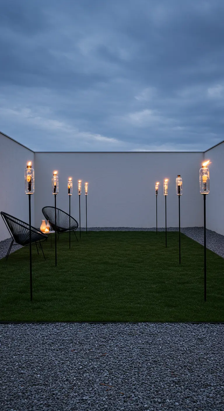 A minimalist lawn with clear bottle torches on tall black stakes arranged in a grid.