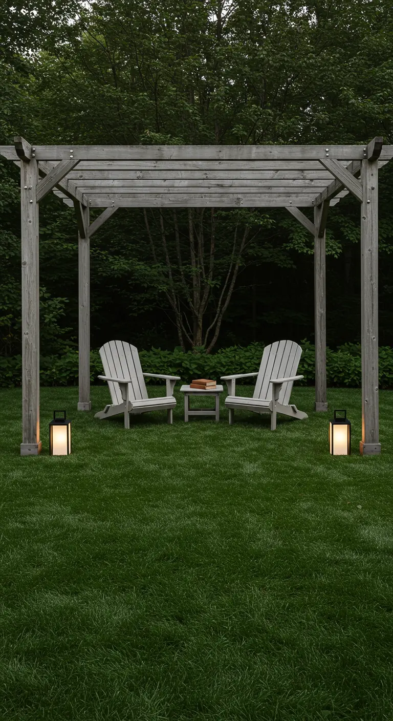 A simple gray pergola with two Adirondack chairs set on a pristine green lawn.