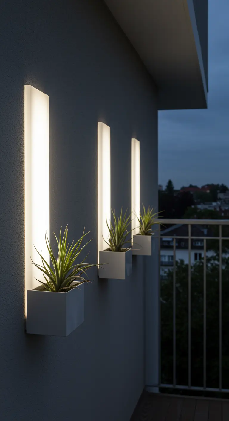 Three vertical wall sconces with integrated white planters holding air plants.