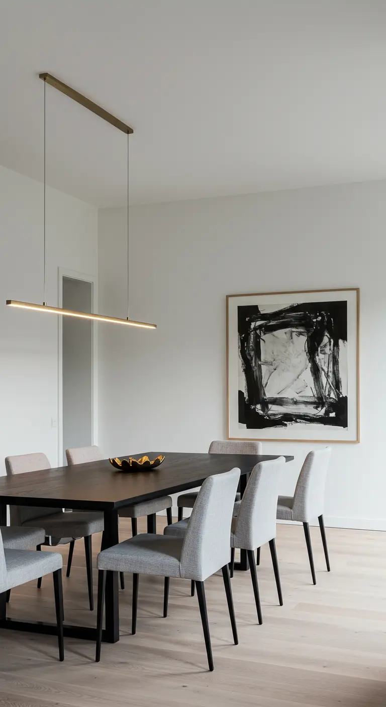 Modern dining room with a long linear pendant light over a dark table and gray chairs.