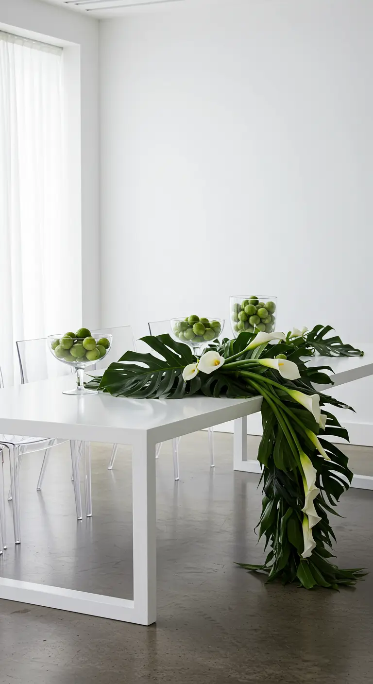 A minimalist white table with a monstera and calla lily garland and bowls of limes.