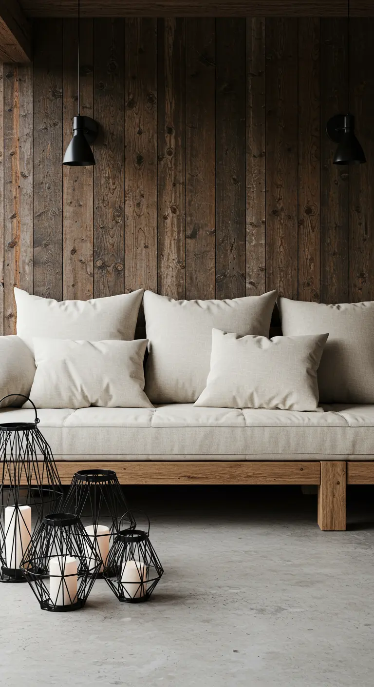 Light wood sofa with linen pillows and a cluster of black wireframe lanterns on a concrete floor.
