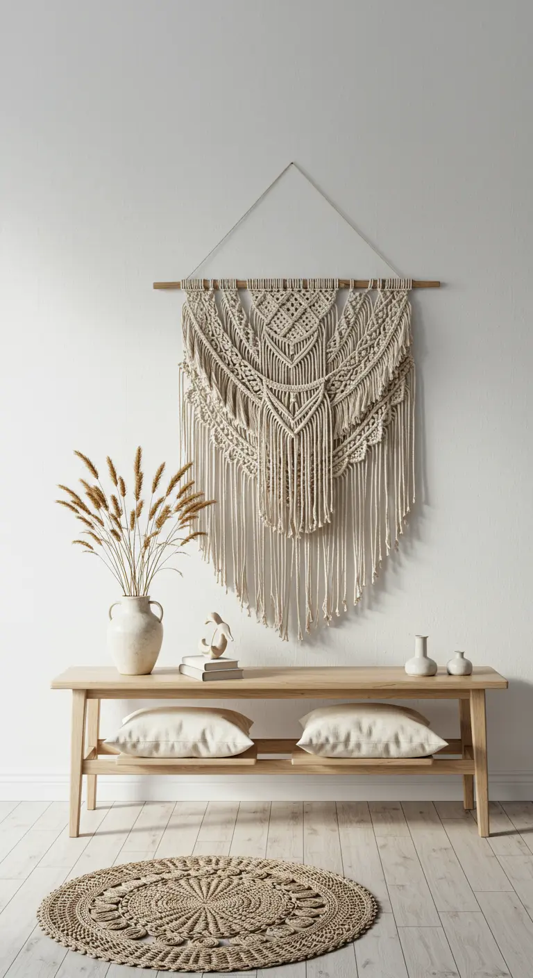 A minimalist entryway with a large macramé wall hanging over a wooden bench and a jute rug.