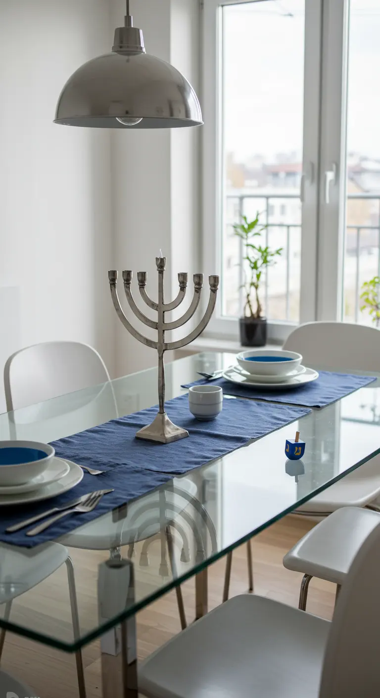 A modern Hanukkah table with a simple silver menorah on a glass tabletop.