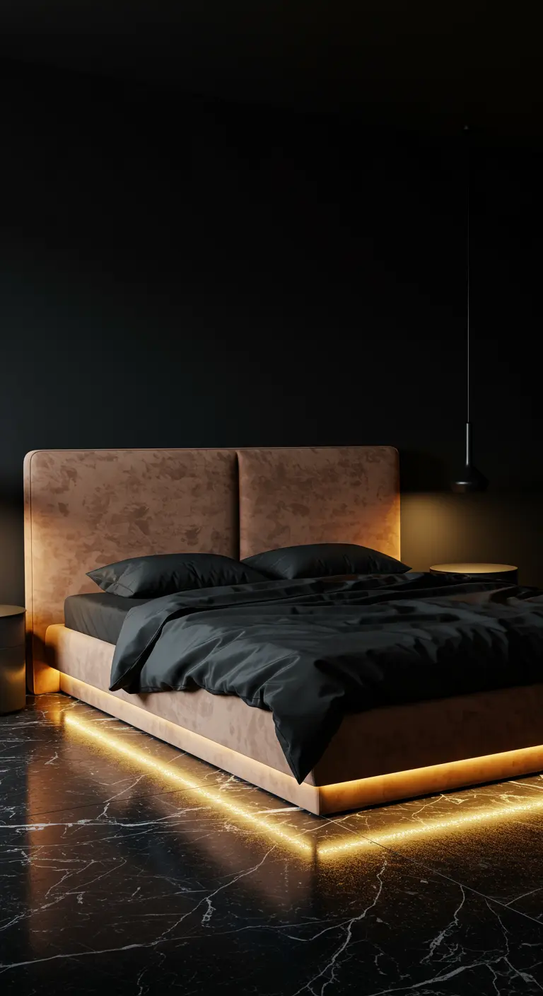 Modern black bedroom with LED strip lighting under a floating bed.