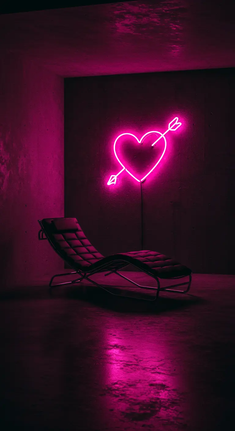 A black modern chaise lounge in a dark room illuminated only by a pink neon heart with an arrow.
