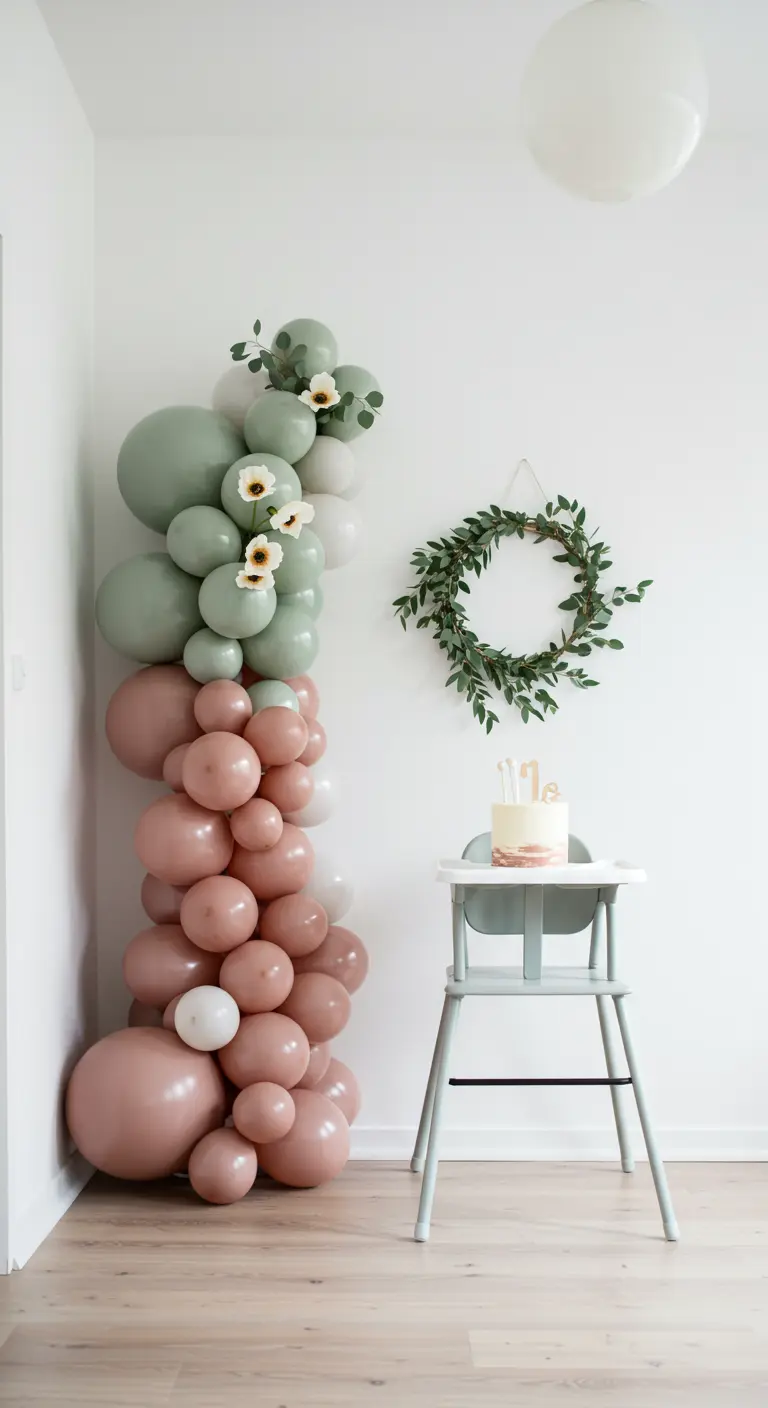 A simple balloon column in dusty rose and sage next to a high chair with a greenery wreath.