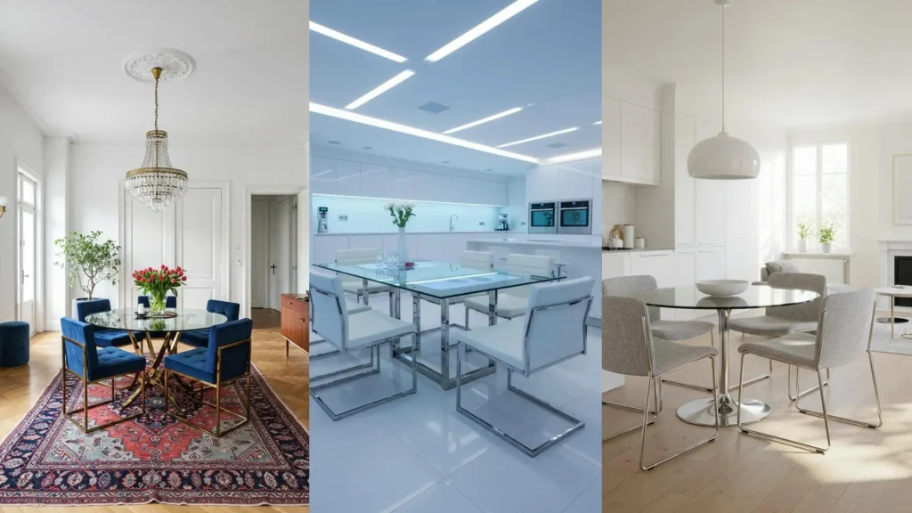 Three minimalist open-concept dining areas with glass tables and steel-frame chairs.