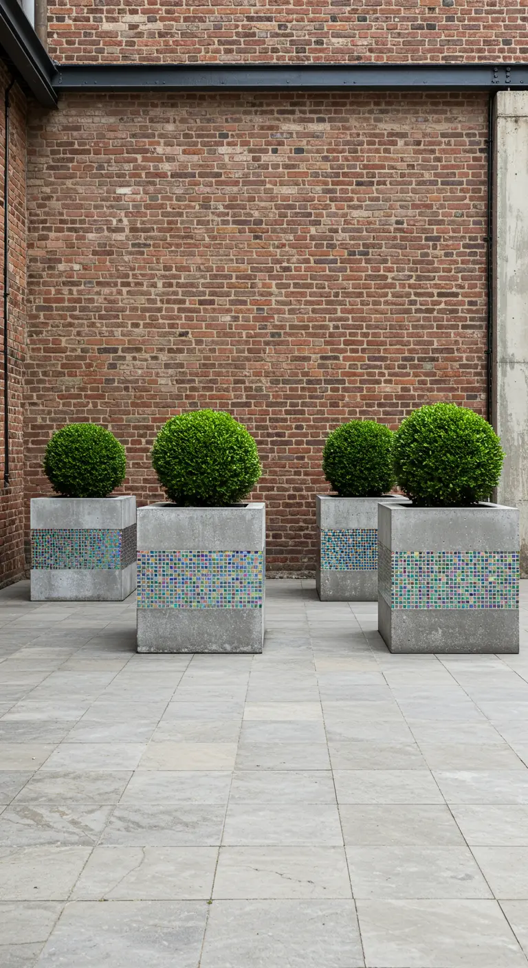 Four concrete planters with a colorful mosaic tile band hold boxwood spheres on a patio.