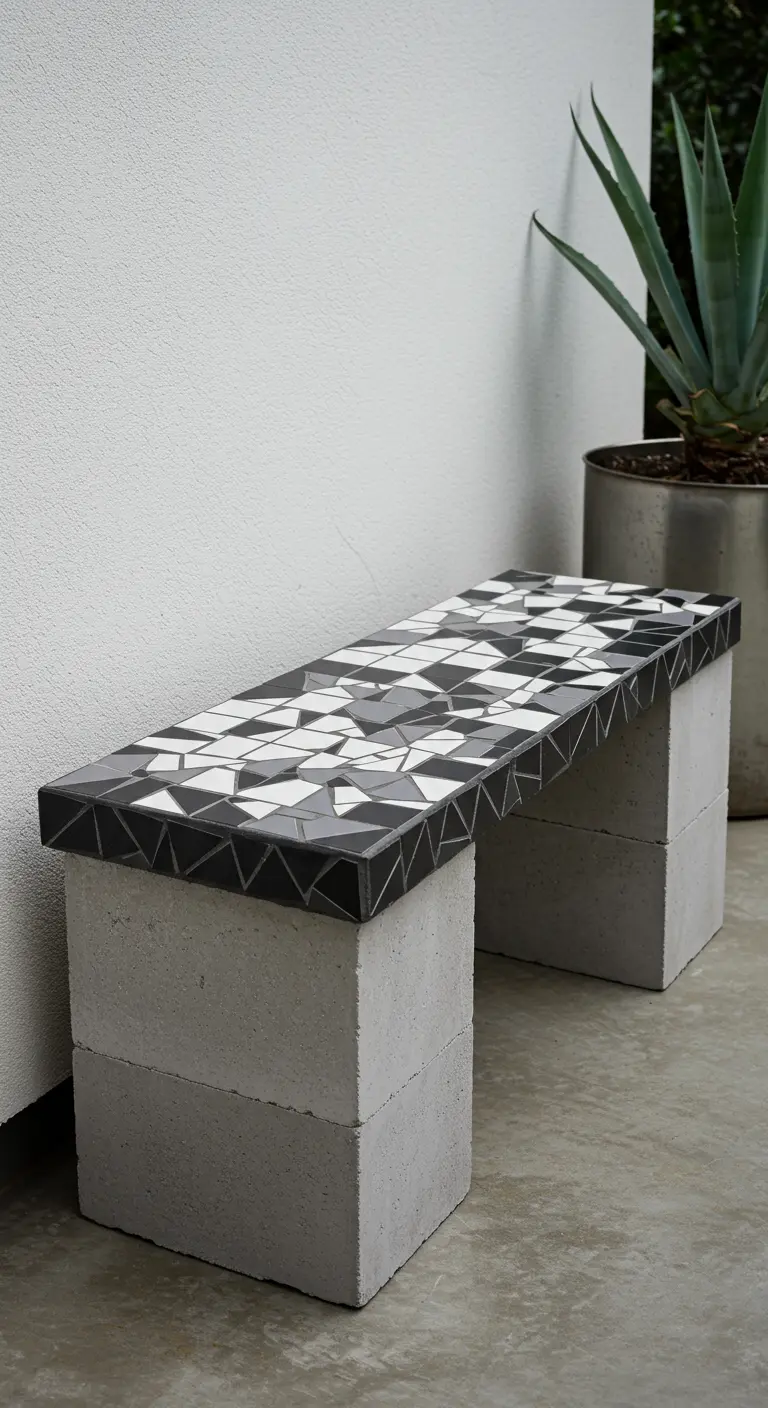 A minimalist bench made of cinder blocks with a black, white, and gray geometric mosaic top.