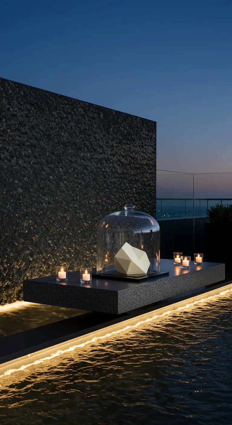 A minimalist floating shelf over water with a geometric dessert under a cloche and linear tea lights.