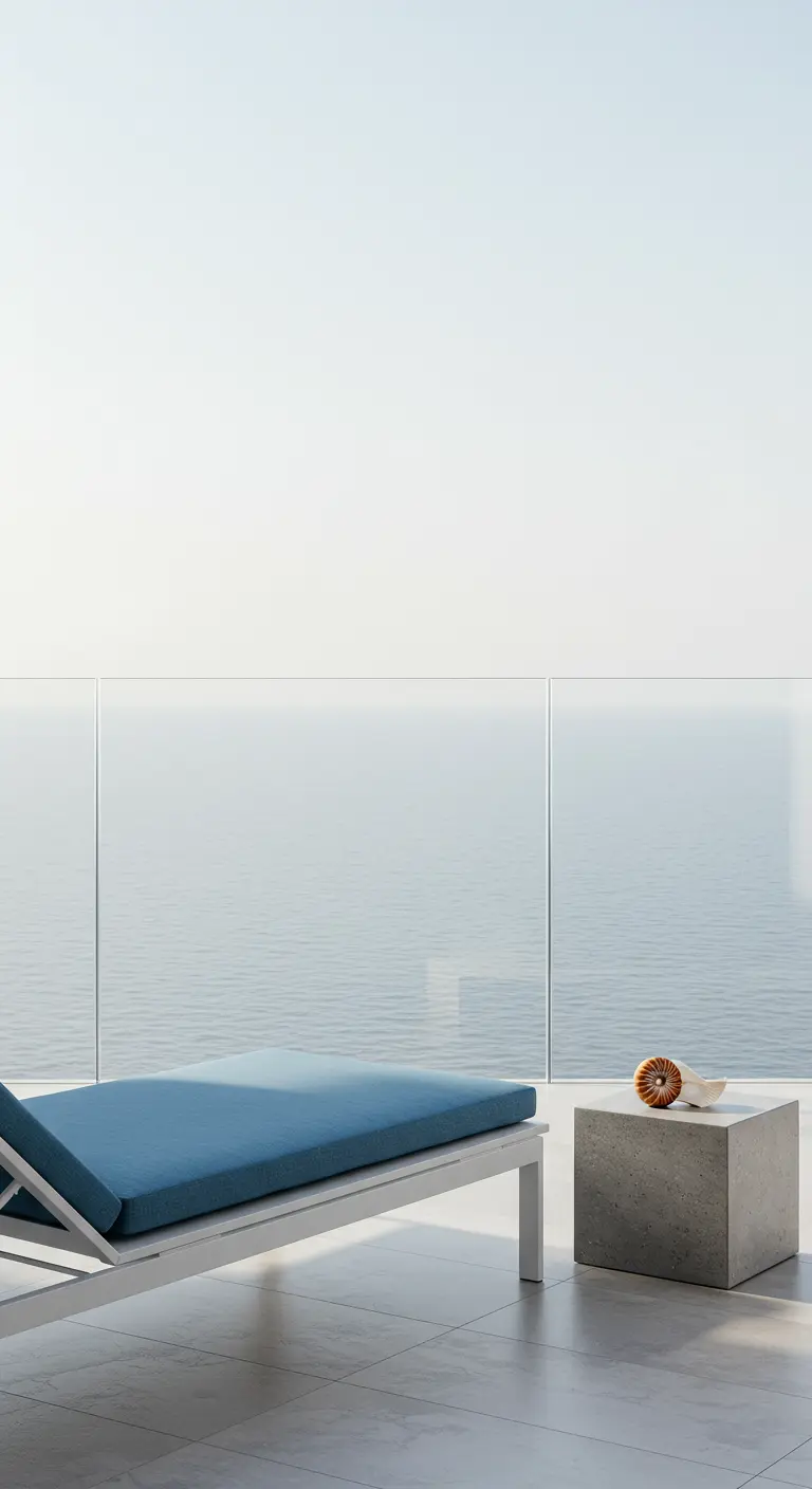 A minimalist white chaise with a blue cushion and a concrete side table on a balcony.