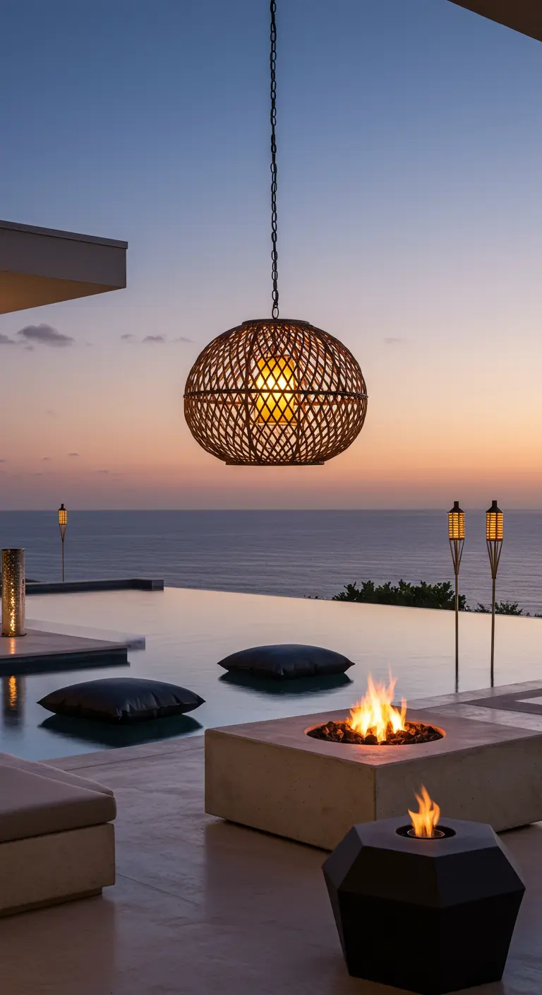 Modern infinity pool with a single rattan pendant, fire pit, and ocean sunset view.