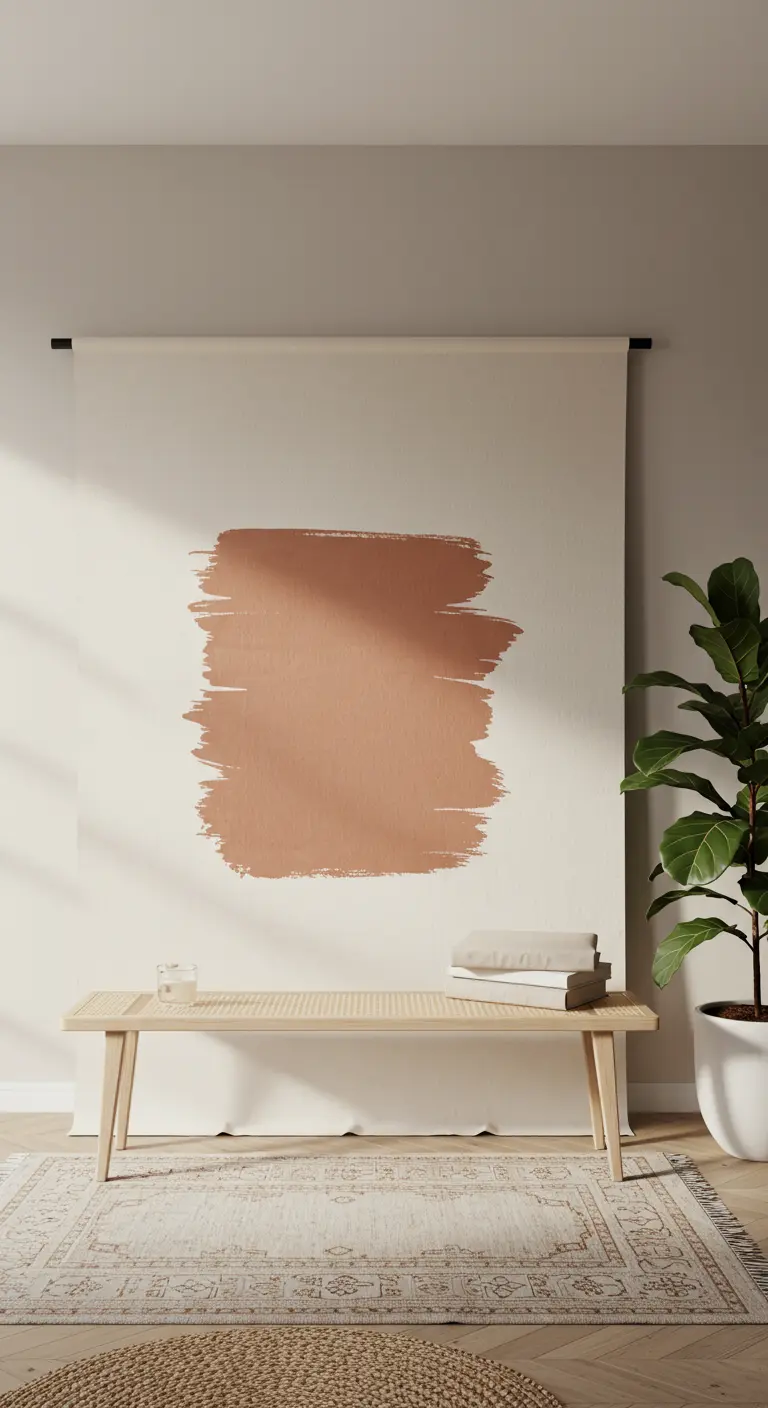 A large off-white canvas with a single textured block of terracotta paint, hanging on a wall.